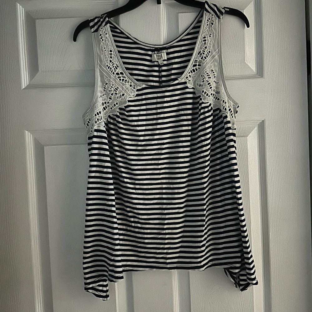 Blue and white striped tee in a size large